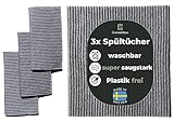 Grünschloss Spültücher waschbar grau - 3X Küchentücher saugstark wie Schwammtuch - Spültuch Baumwolle & Holz-Zellstoff - 100% plastikfrei & kompostierbare Reinigungstücher (alle Oberflächen)