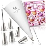 Villkin Spritzbeutel-Set 9-teilig mit 6 verschiedenen Edelstahl Spritztüllen und 34cm Spritztüte - wiederverwendbar und spülmaschinenfest - Für Dekorationen auf Torten, Kuchen und Keksen