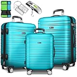 tillvex® Reisekoffer Set 3-tlg mit Gepäckwaage, Koffergurte und Kofferanhänger | Hartschale Kofferset 4 Rollen | Trolley Gepäck Koffer mit TSA Schloss | Rollkoffer Hartschalenkofferset M-L-XL (Türkis)