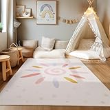 HomebyHome Kurzflor Kinderteppich für Jungen und Mädchen 80 x 120 cm Creme Sonnen und Stern Design - Waschbarer Teppich Extra Weich und Antiallergen - Teppich Kinderzimmer, Babyzimmer und Spielzimmer