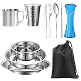 REFORUNG Edelstahl Geschirr Set 7-teiliges Camping Picknick Besteck Campingbesteck Set 2 Personen Outdoor Reisebesteck mit Messer Gabel Löffel für Outdoor Geschirrset Reisen Wandern Camping Picknick