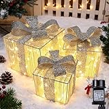 iBaycon Weihnachtsbeleuchtung Beleuchtete Geschenkboxen,140 LED Lichterkette Außen Weihnachten,Timer Silber Geschenkboxen Weihnachtsdeko Warmweiß Weihnachtsbeleuchtung Außen Garten Rasen Hof,3 Stück