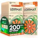 200 Batterien für Hörgeräte Größe 13 Udirmax PR48 Orange Zink-Luft mit Dynamic Sonar Technologie Öko-Pack - 20 umweltfreundliche Blisterpackungen mit 10 Hörgerätebatterien