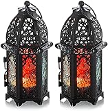 Kerze-Laterne Dekorationen, Dekorative Laternen Laternen for Kerzen 2 kleine runde Kerzenhalter aus Metall, kleine Hochzeitsdekorationen, Buntglas-Kronleuchter(Black)