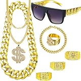 DONGZQAN 8 Stück Gangster Zuhälter Kostüm Goldkette Fasching, Hip Hop Rapper Kostüm, 80er/90er Jahre Outfit Herren, Dollar Kette/Große Goldene Kette/Dollar Ring/Goldenes Armband