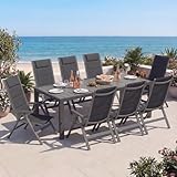 Devoko Gartenmöbel Set 8 stühle mit Tisch, Bestehend aus 1 Aluminiumtisch und 8 Klappstühlen für balkonmöbel. 1 x 189 cm Gartentisch mit Holzmaserung, Terrassenmöbel-Set, Dunkelgrau.