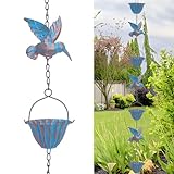 2,4m Regenkette mit Kolibris, Regenablaufkette aus Metall in Retro Blau, 7 Vögel und 7 Tassen, Hummingbird Rain Chain, Metall Kolibri Regenketten, Hängende Regenkette für Dachrinnen und Hausdekoration