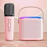 BSOMAM Mini-Karaoke-Maschine, tragbare Bluetooth-Karaoke-Maschine mit kabellosem Mikrofon für Kinder und Erwachsene, Sprachwechseleffekte und LED-Lichter für Geburtstagsgeschenke, Heimparty (Rosa, 1