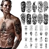 URAQT Temporäre Tattoos, Schwarz Temporäre Aufkleber, 10 Blätt Große Männer Tattoo mit 20 Blätt Klein, Wolf Tiger Eule Wasserfest Tattoo, Temporary Fake Tattoos für Frauen Arm Brust Bein
