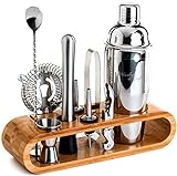 Mixology & Craft Cocktail Set (10-TLG.) - Edles Cocktail Shaker Set mit Shaker aus Edelstahl und Bar Zubehör im Holzständer aus Bambus - Dekoratives Geschenkset - Silber