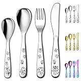 Berglander Kinderbesteck 4-teiliges Edelstahl Kindergeschirr Set, Kindersichergabel und Löffel Flachgeschirr, Hochglanzpolierte glatte runde Kante, Spülmaschinensicherheit