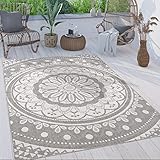 Paco Home Outdoor Teppich wetterfest & robust modernes Mandala & Boho Design pflegeleicht & flachgewebt für Balkon, Terrasse, Garten, Wohnzimmer & Küche Ethno Mandala, Grösse:120x160 cm, Farbe:Grau