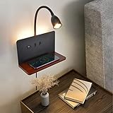 Schwarz Wandleuchte mit Wireless Charger, Dimmbare Leselampe Wandmontage mit USB-Ladeanschluss Wandlampe mit Stecker, Flexible Schwanenhals Bett Leselicht,Wandlampe mit warmweiß Hintergrundbeleuchtung