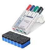 Staedtler 351 WP4 Lumocolor Whiteboardmarker, 4 Stück in aufstellbarer Staedtler Box, farblich sortiert im Bonus Pack mit blauem Löscher