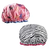 Funalix 2 Stück Duschhaube - Verdickende Wasserdichte Duschhaube mit Doppelschicht Design - Wiederverwendbare Shower Cap für Damen mit Schmetterling & Zebra Print (Schwarz/Pink)