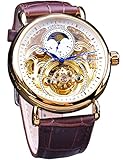 FORSINING Luxuriöse Herren-Armbanduhr mit Mondphase und Tourbillon, Retro-Skelett, hohl, selbstaufziehend, mechanische Armbanduhr, Ledergürtel, Automatik-Uhrwerk, Herrenuhren, Goldweiß, Mechanisch