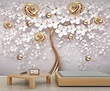 YEMYOR Blumentapete, geprägte goldene Blumentapete, moderne weiße Blumentapetes, 3D-Blumenkunst, Küchentapete für Wohnzimmer, Schlafzimmer-350x256cm