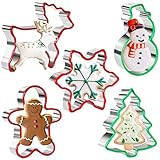 Crethink 5 Stücke Weihnachts Ausstecher Set Edelstahl Lebkuchenmann, Schneeflocke, Schneemann, Weihnachtsbaum und Rentierform mit Weichem PVC-Rand Weihnachts Ausstechformen zum Backen