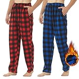 YUSHOW 2er Pack Schlafanzughose Herren Lang Fleece Karierte Pyjamahose Winter Warm Pyjama Hose Soft Freizeithose Weihnachts Pyjama mit Taschen und Kordelzug, Blau Schwarz Plaid + Rot Plaid Größe XL