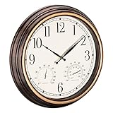 Navaris Outdoor Wanduhr analog - mit Thermometer und Hygrometer Anzeige - 38,1 x 5cm - runde Uhr zum Aufhängen ohne Ticken - Deko Garten Wand Uhr