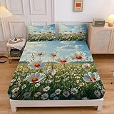 Spannbettlaken 120x200cm Garten Spannbetttuch GäNseblüMchen Bettlaken Boxspringbett mit Gummizug Spannbettuch Mikrofaser für Matratzen von 30 cm Mit 2 Kissenbezüge 80x80 cm