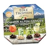 Edle Tropfen in Nuss Sommer-Edition Alpen-Genuss, 250g, 4 Sorten flüssig gefüllte Schokoladen-Pralinen mit Alkohol, Zuckerkruste und Haselnuss-Splittern