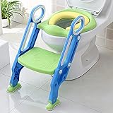 Toilettensitz Kinder mit Treppe, Aufun Toilettentrainer Faltbar Leiter Lerntöpfchen mit Treppe Baby Wc-Sitz mit PU Gepolstert Kissen und Griffen Töpfchen (Blau und Grün)