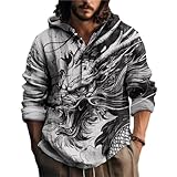 MARSVOVO Neuartiger Hippie-Kapuzenpullover für Herren, langärmelig, lässig, Viertelknöpfe, Tops für Frühling und Herbst, Drache im Used-Look, 3X-Groß