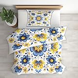 Sommer Bettwäsche Blumen Vintage 135x200, Boho Blumenmuster Bettbezug 135 x 200 2er Set, Wendebettwäsche mit Kissenbezug 80x80 cm, Mikrofaser Bettwäsche-Sets mit Reißverschluss L@1910