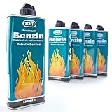 TOM 5 x Feuerzeugbenzin 133 ml Benzin Flasche im Set zum nachfüllen für Feuerzeuge, Handwärmer und Benzinkocher oder als Waschbenzin – Feuerzeug-Benzin