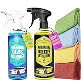 Sparset Auto Insektenentferner + Glasreiniger + 4 Mikrofasertücher 40x38 zur Windschutzscheiben Reinigung | Insekten Reiniger für Autopflege | Insekten Entferner mit Tiefenwirkung URBAN Forest 500ml