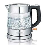 SEVERIN Glas Wasserkocher, 1,0L, leistungsstark und kompakt in hochwertigem Design, elektrischer Wasserkocher mit Kalkfilter, Edelstahl/schwarz, WK 3468