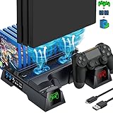 ASUNCELL PS4 Vertical Stand mit Lüfter, All-in-One PS4 Vertikaler Standfuß Ständer Halter Lüfter für Playstation 4/PS4 Pro/PS4 Slim, PS4 Controller Ladesation und 12 Spiele Lagerung