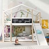 Kinderbett Etagenbett 90x200 cm, Hausbett mit Rutsche und Tafel, Hochbett für 2 Kinder, Funktionsbett Stockbett mit Lattenrost, Weiß+Natur, ohne Matratze