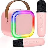 Karaoke Maschine für Kinder Erwachsene, Bluetooth Karaoke Lautsprecher mit 2 Kabellosen Mikrofon, Mini Karaoke Maschine mit LED-Lichtern, Geschenke Spielzeug für Mädchen und Jungen