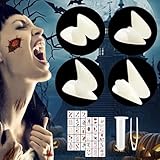 4 Paar Halloween Vampirzähne, 4 Größen Vampir Zähne Reißzähne mit 1 Rohr Pellets Klebstoff und Halloween Narben Tattoo, Vampirzähne für Kinder Erwachsene Halloween Cosplay Party Requisiten