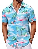 COOFANDY Hawaii Hemd Herren Flamingo Hemd Leichte Sommerhemd Kurzarmhemd Hawai Hemden Beach Shirt Flamingo Blau XL