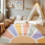 HomebyHome Kurzflor Kinderteppich für Jungen und Mädchen 120 x 170 cm Multicolor Sonnen Design - Waschbarer Teppich Extra Weich und Antiallergen - Teppich für Kinderzimmer, Babyzimmer und Spielzimmer