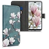 kwmobile Wallet Case kompatibel mit Samsung Galaxy A10 Hülle - Cover mit Ständer und Kartenfächern - Magnolien Taupe Weiß Blaugrau