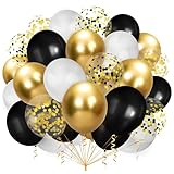100 Stück Luftballons Schwarz Gold Weiß,Schwarz und Gold Konfetti Luftballons,Goldene Luftballons,Party Latex Luftballons mit 2 Rollen Band für Ballongirlande Hochzeit Abschlussfeier Party Deko