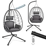 Makika Hängesessel mit Gestell höhenverstellbar Indoor & Outdoor inkl. Kissen - Korbhängesessel bis 150 kg Garten Schaukel aus Polyrattan faltbar ergonomisch - Wohnzimmer Balkon Terrasse in Grau