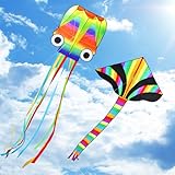 COOLJOY Drachen 2 Pack Kites Regenbogen-Delta Lenkdrachen und Roter Lenkdrachen Kinder, Drachen für Kinder ab 3 Jahren und Erwachsene, Strand