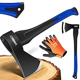 MASKO® Spaltaxt Spaltbeil Axt Beil Spalthammer Spaltkeil FIBERGLAS-Stiel + Handschuhe Die Perfekten Werkzeuge für Garten und Wald Universal | Robust | Langlebig | Rostfrei | Holzbeil 1000g