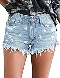 CZIMOO Jeans Short Damen Sommer Denim Short Zerrissen Hot Pants mit Taschen Mittlerer Taille Strandshorts Sternenmuster Kurze Hosen Hellblau L