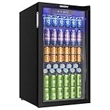 EUHOMY Getränkekühlschrank, Mini-Kühlschrank für 126 Dosen mit Glastür, kleiner Kühlschrank mit verstellbaren Regalen für Limonade, Bier oder Wein, für Zuhause/Bar/Büro, Schwarz Edelstahl