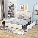 Kehun Polsterbett 140 x 200 cm mit Kopfteil, Doppelbett mit 4 Stauraum Schubladen, Bett mit Lattenrost und Metallrahmen, Betten mit Bettkasten, Samt, Beige, ohne Matratze