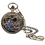 JewelryWe Taschenuhr Herren Antik Drachen Skelett Automatikuhr Automatik Mechanische Kettenuhr Vintage Uhr Anhänger mit Halskette Kette für Männer Bronze