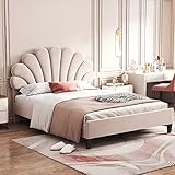 Generisch Polsterbett Doppelbett 140x200 cm mit blumenförmigem Samt-Kopfteil – Hautfreundliches Design, Stabiler MDF-Rahmen & einfache Montage für Schlafzimmer oder Gästebett (Beige)