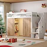 TOBIDOEN Kinderbett 90x200 cm Hochbett, Funktionales Kinderbett mit Kleiderschrank und Stauraumtreppe, mit Ausziehtür und LE/D Funktion Unten, Absturzsicherung, Ohne Matratze, Weiß + Eiche
