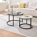 [en.casa] Couchtisch Kokkola 2er Set Wohnzimmertisch rund Beistelltisch Schwarz Tischplatte aus Glas und MDF Kaffeetisch Metallgestell Satztisch Sofatisch Rauchglas/Marmoroptik, weiß